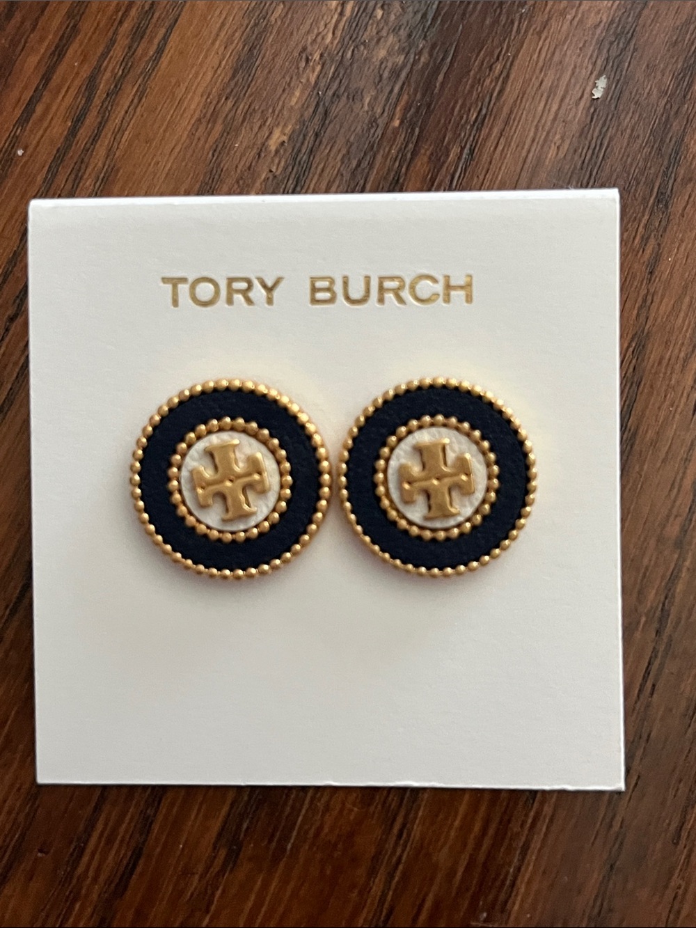 Tory Burch Gold and Navy Blue Round Logo Stud Earrings
